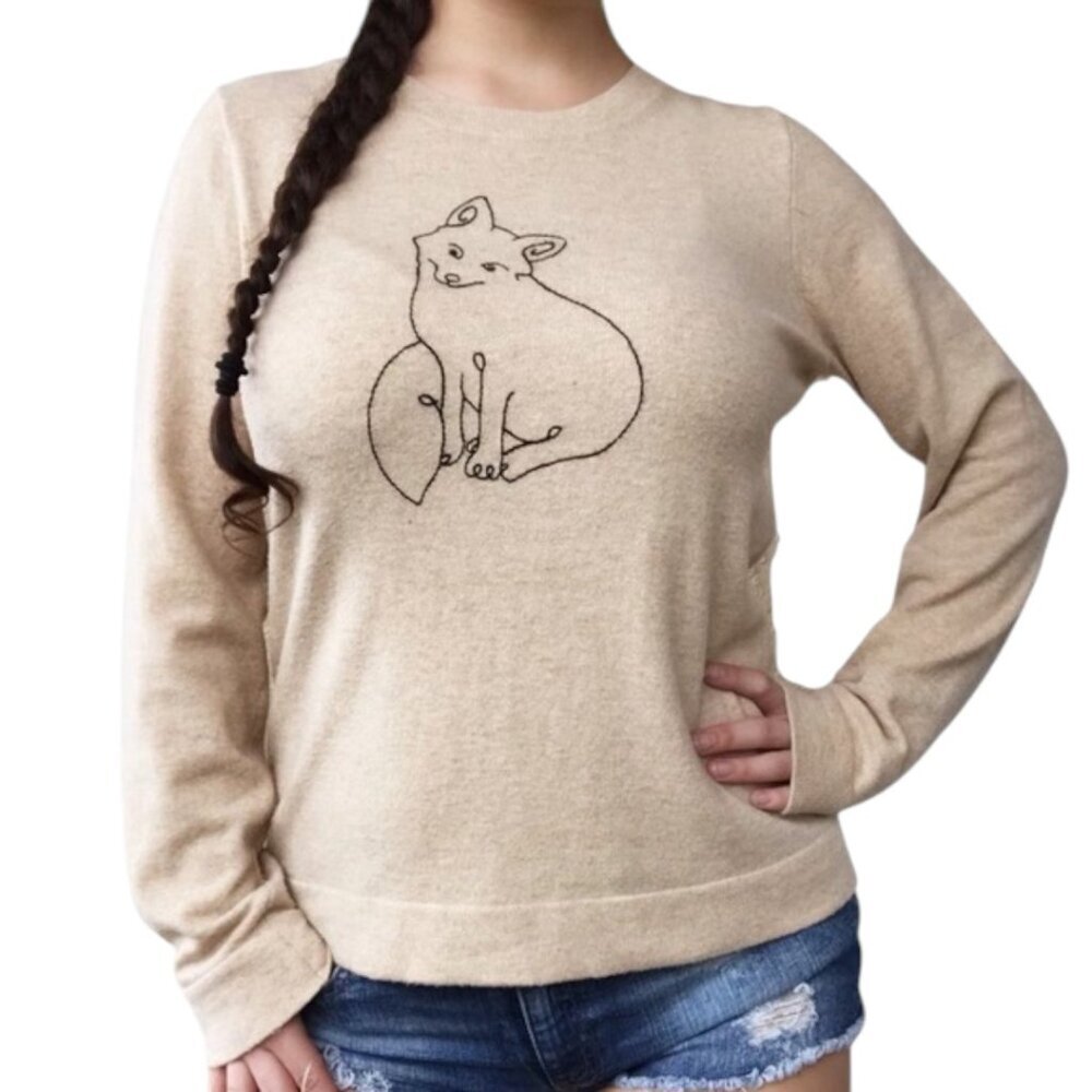 J. Crew Embroidered Fox Merino Wool Blend Long Sleeve Crew Neck Tan Sweater